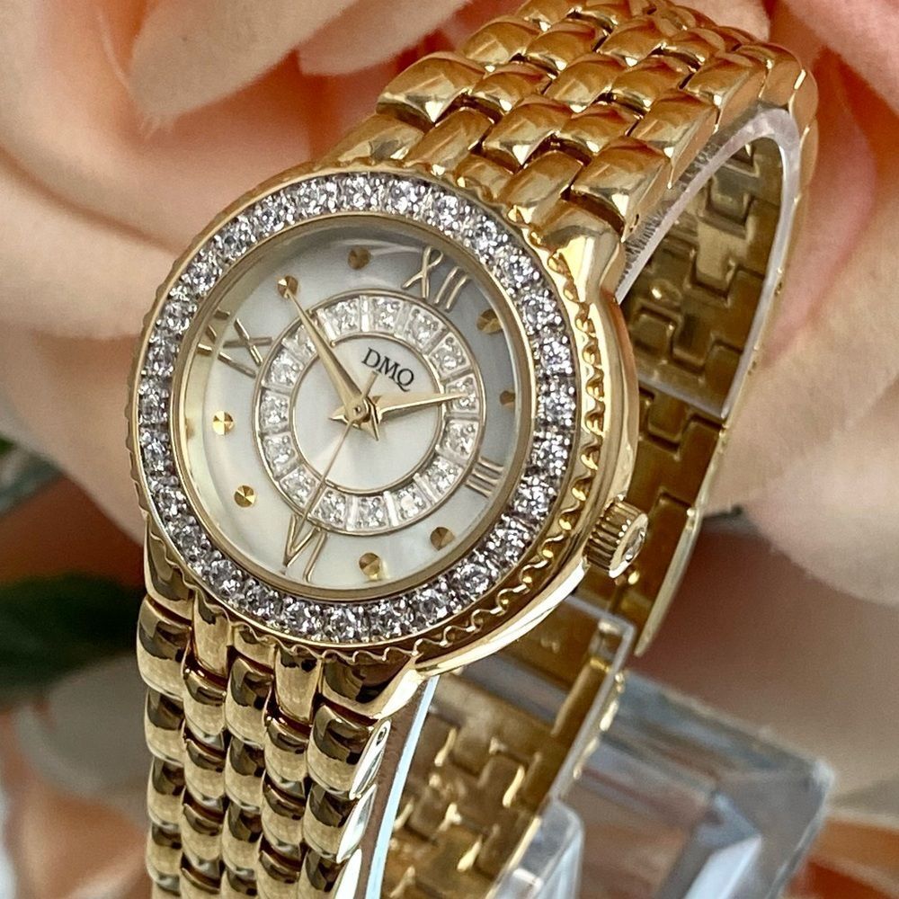 DMQ Diamonique CZ Bezel Mother of Pearl Dial Gold-Tone Dress Watch - Picture 4 of 16